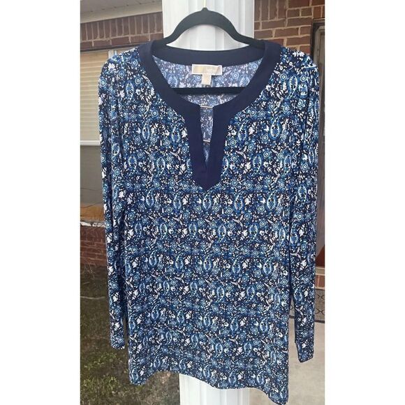 Michael Kors Blouse Top Women's L Blue Floral Long Sleeves Split Neck Pullover - Picture 1 of 4